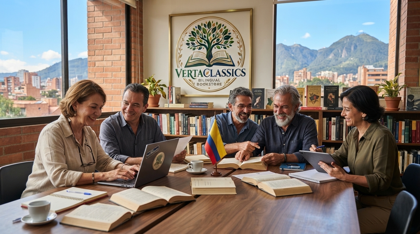 Equipo editorial de VertaClassics trabajando con libros bilingües en Colombia
