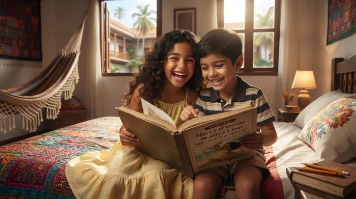 Dos niños leyendo juntos un libro bilingüe de Maya & Mateo