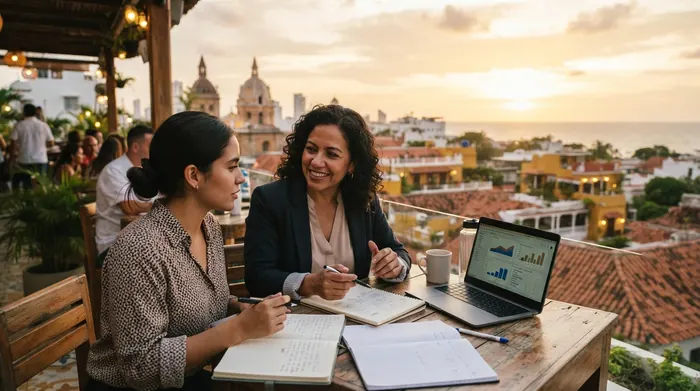 Dos emprendedoras colombianas trabajando en su negocio en línea